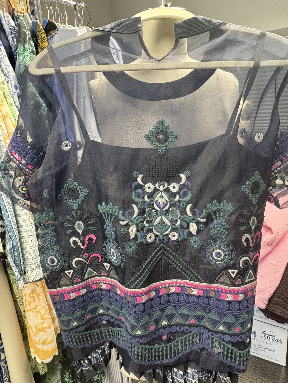 Sacai Navy Sheer Embroidered Mesh Top with Multicolor Accents